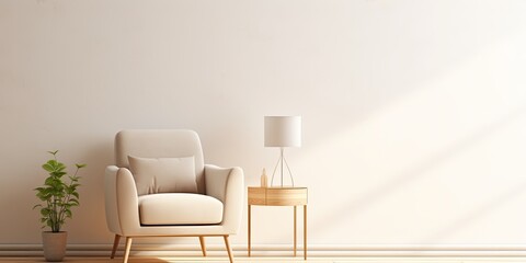 Empty white wall with cozy beige armchair in modern interior. Mockup for poster or lettering with space for text.