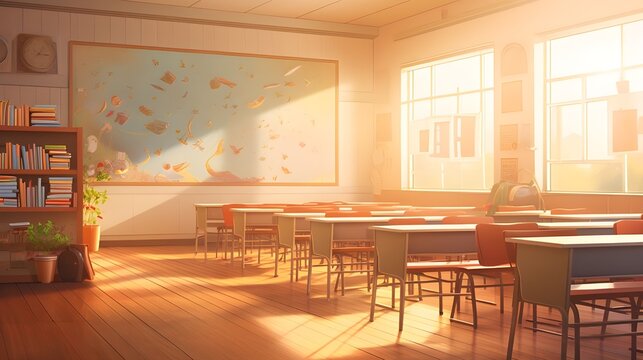 Room Interior With Table, 
School Classroom In Blur Background Without Young Student.