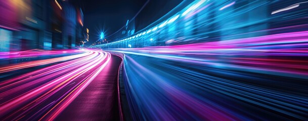 Blue and purple neon glow colors. panoramic high speed technology concept, light abstract background. Image of speed motion on the road. Abstract background
