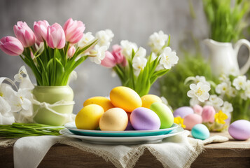 Obraz premium Vibrant Easter Brunch Table with Eggs and Flowers