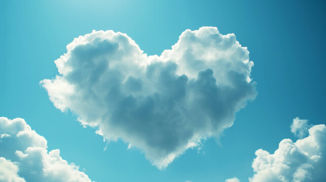 Romantic cloudy sky at the sunset with heart shaped clouds. Love concept. Generative AI