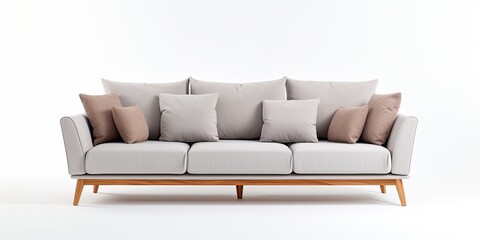 Contemporary Scandinavian gray sofa with legs and pillows on a white background. Stylish furniture.