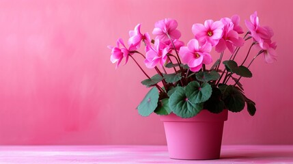 Fototapeta premium cyclamen flower in pot on minimalist vivid background, large copyspace area