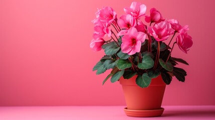 cyclamen flower in pot on minimalist vivid background, large copyspace area