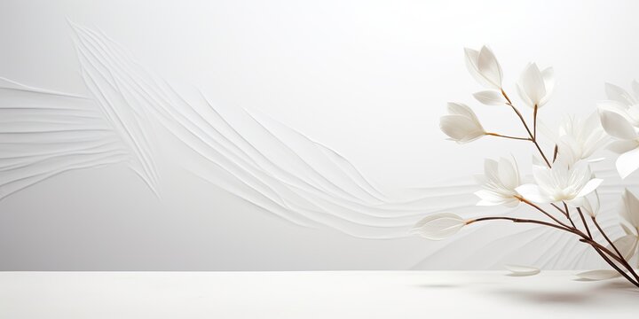 Minimal white studio overlay with abstract leaf and flower textures on an empty table backdrop.