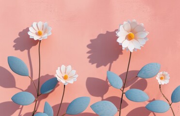 3d flowers in pastel colors with leaves on blue background