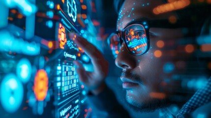 Business professionals actively monitor electronic data security using AI-driven cybersecurity tools - obrazy, fototapety, plakaty