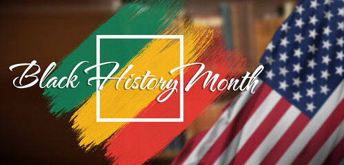 African American History or Black History Month. Lettering on national flag background. Celebrated annually in February in the USA. 3d illustration