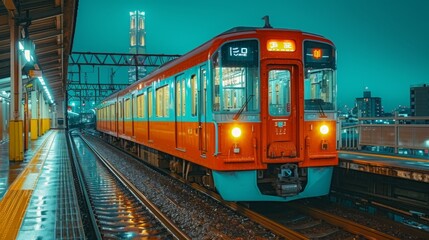"Train coloré à quai la nuit, atmosphère calme et industrielle"