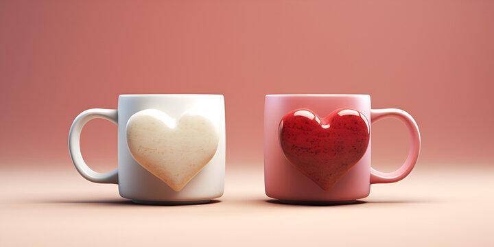 Cups The Heart In Her Hands. Selective Focus. 3d Render White Mug Mockup With Hearts On A Pink Background. Blank Ceramic Tea Cup With Handle For Advertising On Valentines Or Mothers Day
