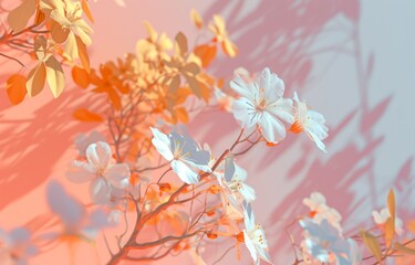 Flowers in pastel colors with leaves on blue background