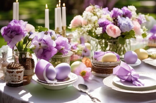 Easter Table Setting with Pastel Eggs and Flowers