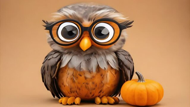 Owl with glasses, next to a pumpkin video. Video generative AI.