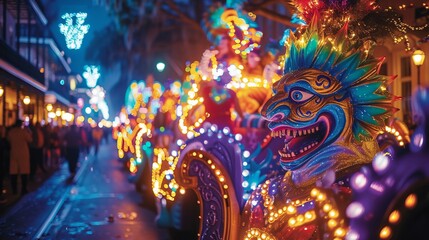 Nighttime Mardi Gras parade. Illuminated floats and shimmering lights against the backdrop of New...