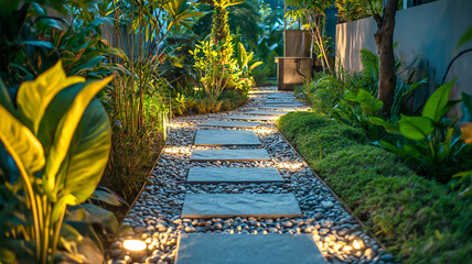 Garden stone walkway with lighted candles in the evening.