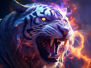 A white tiger with the flames up his throat