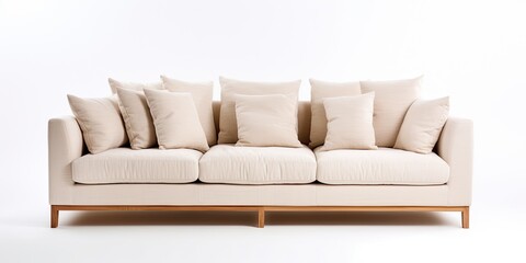 Front view of light beige fabric sofa with 3 seats, white background, and pillow.