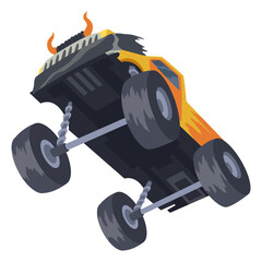 Jumping monster truck show. Bright colorful cartoon auto with big wheels. Car with large tires for rally 4x4 computer or mobile game. cartoon illustration