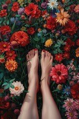 Obraz na płótnie Canvas woman feet with nails painted in red are standing on beautiful blooming spring flowers. Generative AI