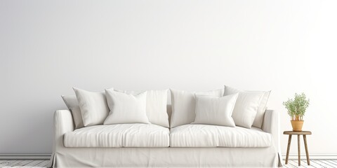 White background showcases comfortable and stylish linen sofa. - Powered by Adobe