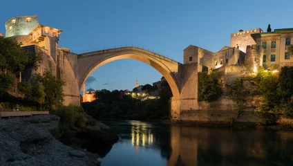 Foto auf Acrylglas Stari Most Old bridge in Mostar on the river Neretva at dawn, quiet morning