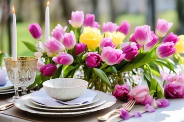 Obraz na płótnie Canvas Vibrant Tulip Bouquet Table Display