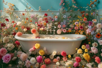 a bathroom with a bathtub full of beautiful fresh colorful flowers on a beautiful sunny day. Leisure lifestyle. Generative AI