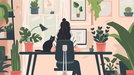 creative home work space - work from home concept - girl with cat