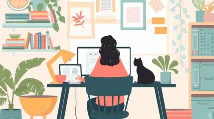 creative home work space - work from home concept - girl with cat