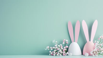 Minimalist Easter Bunny Concept, Pastel Pink and White Rabbit Ears, Soft Floral Decor, Spring Holiday Theme, Simple and Modern Easter Decoration, Creative Seasonal Background for Celebratory Design
