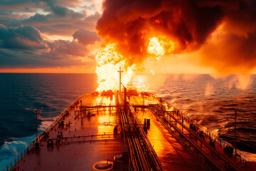 Fire on a cargo ship. A ship carrying crude oil is engulfed in flames. - obrazy, fototapety, plakaty