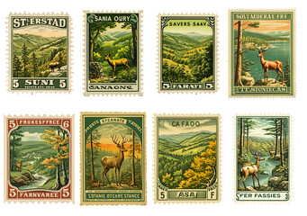 Set of vintage postcards with wild animals in the forest. postage stamp on the envelope. Collection stamps