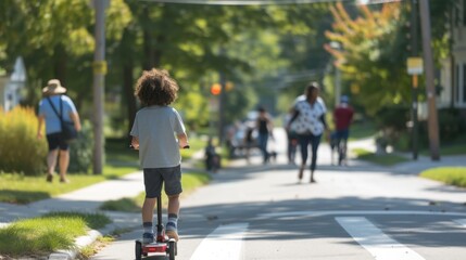 Young Child Riding Scooter on Sunny Suburban Street, Enjoying Childhood in a Safe Neighborhood Environment