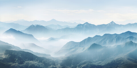  mountain range foggy mountain landscape blue background Illustration. - obrazy, fototapety, plakaty