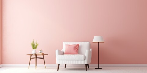 Minimalistic living room with a white armchair and pastel pink wall.