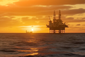 Fototapeta na wymiar Oil rig in the ocean with a sunset in the background