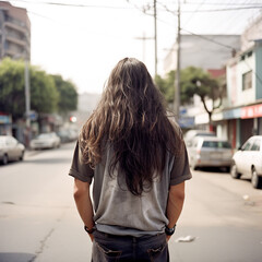 man's long hair haircut back view on a street, generative AI