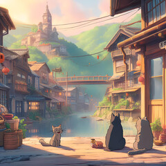 夜明け前の街並みと屋台の前で遊ぶ猫たち