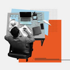 Businessman sitting at his working table, architect developing new project, working with strategy and analytical researches. Contemporary art collage. Concept of business, achievement, startup project