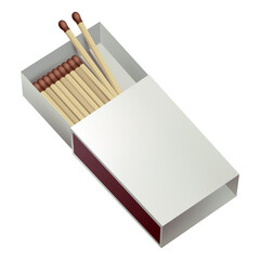 Opened matchbox. Sulphur and wooden sticks lying in open case. Top view and isometric projection illustration isolated on white background