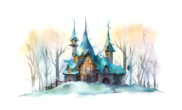 watercolor painting fabulous wooden Castle among trees in winter , generative AI