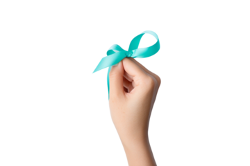 A touching scene of a caregiver tying an ovarian cancer ribbon around a loved one's wrist transparent background Png. Ai generated
