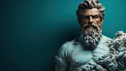 A striking sculpture with a detailed beard and intense expression set against a teal backdrop, embodying strength and wisdom, ideal for cultural and historical content.