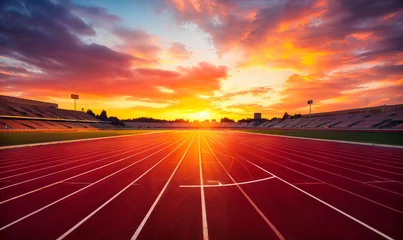 Foto op Plexiglas Empty Running Track in Stadium with Vibrant Sunset Sky, Inviting Atmosphere for Sports and Athletics © Bartek