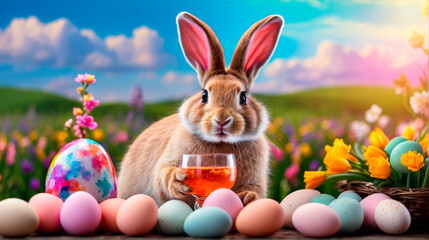 Fototapeta na wymiar Easter bunny with cocktail. Selective focus.