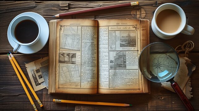 Opened vintage book with magnifying glass, cup of coffee and pencils on wooden table