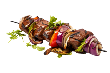 An isolated plant-based kebab, using [Artist Name]'s signature color palette for a unique touch transparent background Png. Ai generated