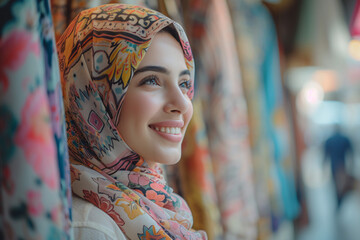 Happy woman with colorful hijab and soft focus - obrazy, fototapety, plakaty