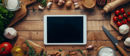 Top view food ingredients and digital tablet with blank screen on the wooden table. Template...