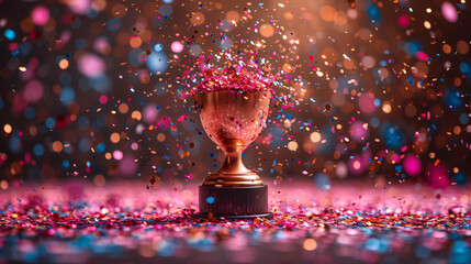 Golden trophy amidst a sea of colorful confetti, symbolizing victory and celebration - obrazy, fototapety, plakaty